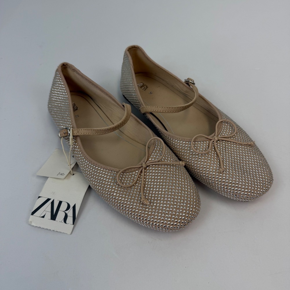 Zara Kids Silver Studded Mary Jane Ballet Flats Bow Detail Beige Size 4 36 NEW